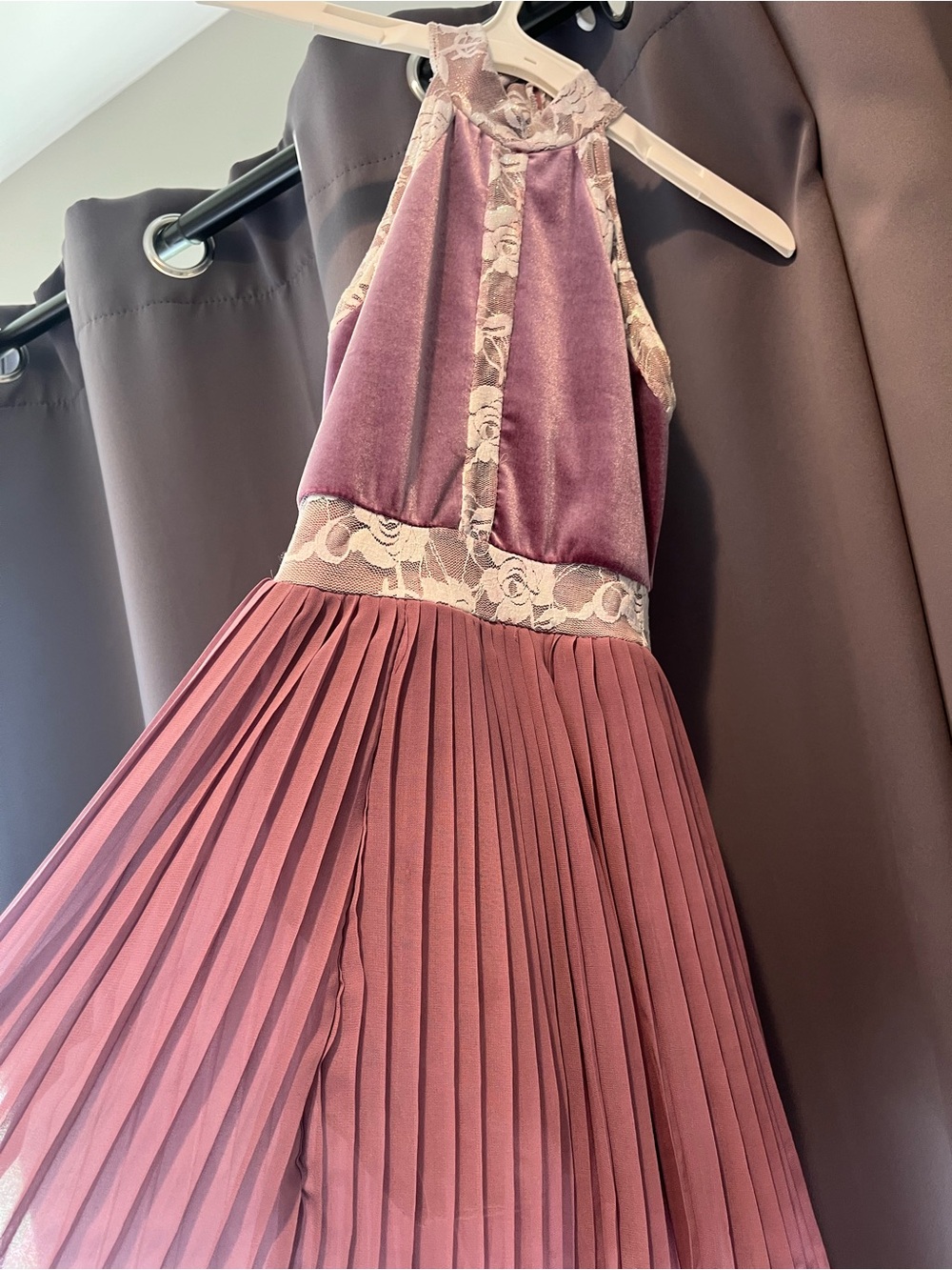 Girls' Dusty Rose Velvet & Lace Halter Dress